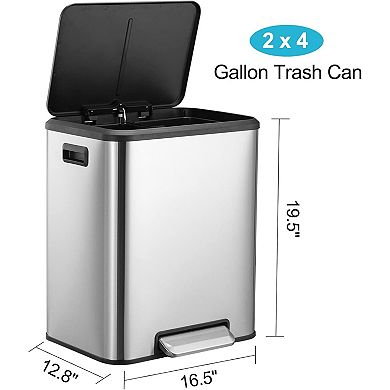 8 Gallon Kitchen Trash Can Hands-Free Recycle Trash Can with Dual Removable Liners Stainless Steel