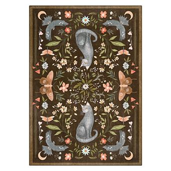 Modern Pastoral Area Rug Cat & Botanical Garden Machine Washable Mat for Bedroom Kid's Room