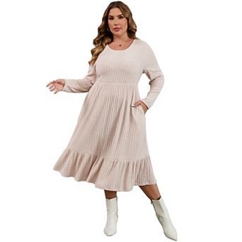 Women's Plus Size Round Neck Long Sleeve Gathered Waist Casual Midi Dress
