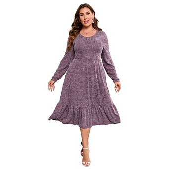 Women's Plus Size Round Neck Long Sleeve Gathered Waist Casual Midi Dress