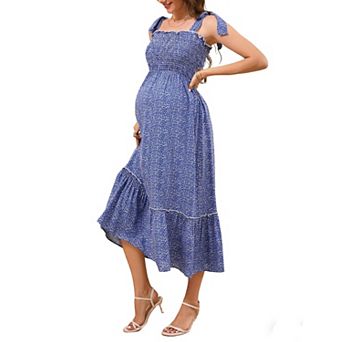 Women's Maternity Midi Dress Tie Shoulder Floral Dress Beach Vacation Pregnancy Dress