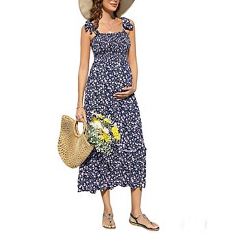 Women's Maternity Midi Dress Tie Shoulder Floral Dress Beach Vacation Pregnancy Dress