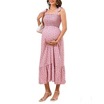 Women's Maternity Midi Dress Tie Shoulder Floral Dress Beach Vacation Pregnancy Dress