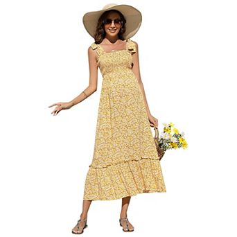 Women's Maternity Midi Dress Tie Shoulder Floral Dress Beach Vacation Pregnancy Dress