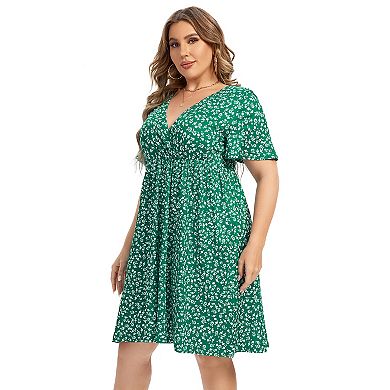 Women's Plus Size V-Neck Floral Print Dress with Side Pockets