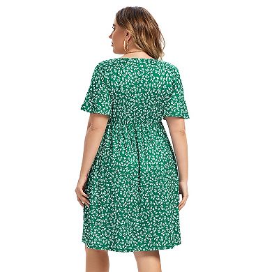 Women's Plus Size V-Neck Floral Print Dress with Side Pockets