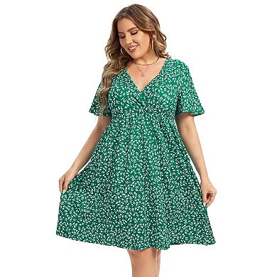 Women's Plus Size V-Neck Floral Print Dress with Side Pockets