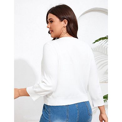 Plus Size Button Down Cardigan Women's 3/4 Sleeve Lightweight Knit Cropped Cardigan