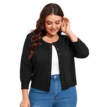 Plus Size Button Down Cardigan Women's 3/4 Sleeve Lightweight Knit Cropped Cardigan