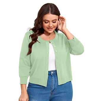 Plus Size Button Down Cardigan Women's 3/4 Sleeve Lightweight Knit Cropped Cardigan