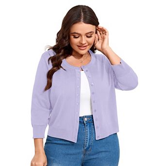 Plus Size Button Down Cardigan Women's 3/4 Sleeve Lightweight Knit Cropped Cardigan