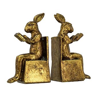 Antique Gold Finish Sitting Rabbit Bookends, 3.9x2.8x6.9 Inch, Set of 2