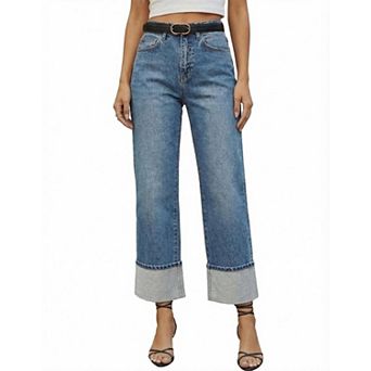 Women's High Waist Straight Leg Jeans Cuffed Vintage Stretch Denim