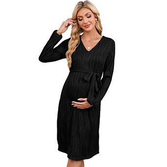 Maternity Long Sleeve Dress Elegant V Neck High Waist Tie Front Pregnancy Dress
