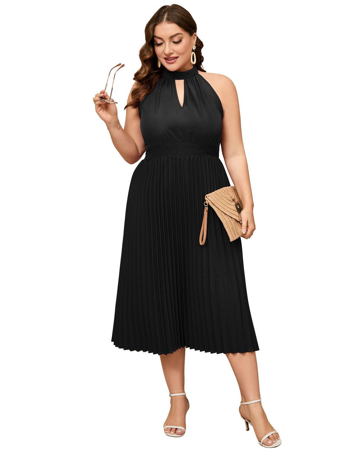 Женские платья Plus Size Pleated Sleeveless V-Neck Casual Swing Dress