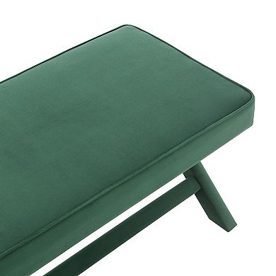 Mid-Century Modern Velvet Double Bench with X-Crossed Legs, Green