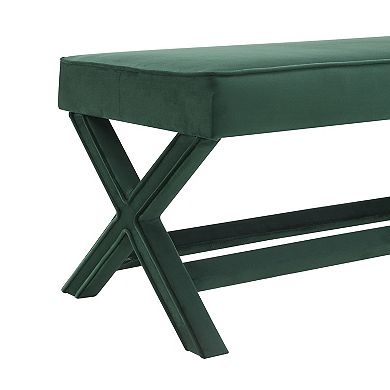 Mid-Century Modern Velvet Double Bench with X-Crossed Legs, Green
