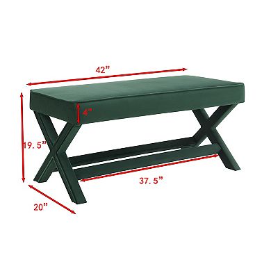 Mid-Century Modern Velvet Double Bench with X-Crossed Legs, Green