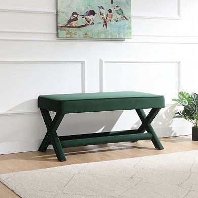 Mid-Century Modern Velvet Double Bench with X-Crossed Legs, Green
