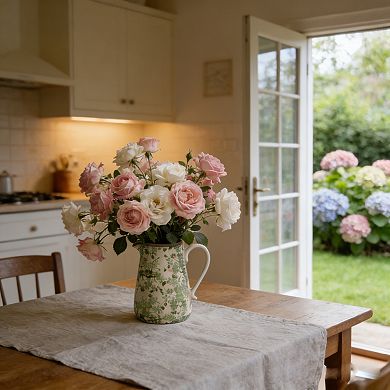 8.1x5.7x9.1" White Ceramic Pitcher Vase with Green Floral Pattern