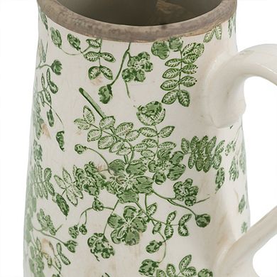 8.1x5.7x9.1" White Ceramic Pitcher Vase with Green Floral Pattern