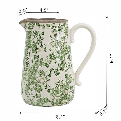 8.1x5.7x9.1" White Ceramic Pitcher Vase with Green Floral Pattern