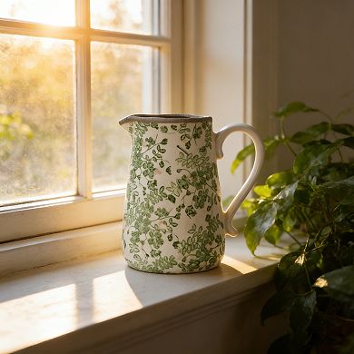 8.1x5.7x9.1" White Ceramic Pitcher Vase with Green Floral Pattern