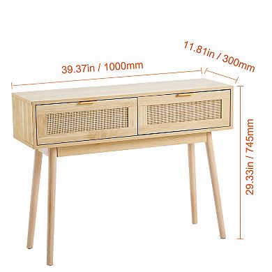 Natural Rattan Console Table with 2 Storage Drawers, Natural
