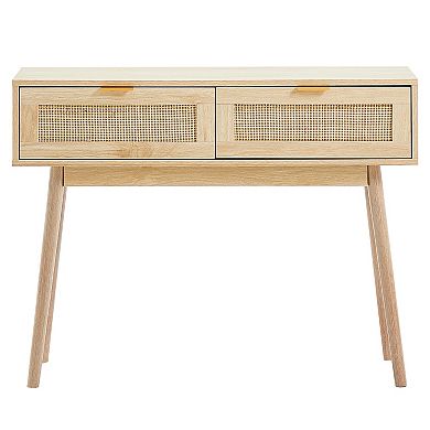 Natural Rattan Console Table with 2 Storage Drawers, Natural