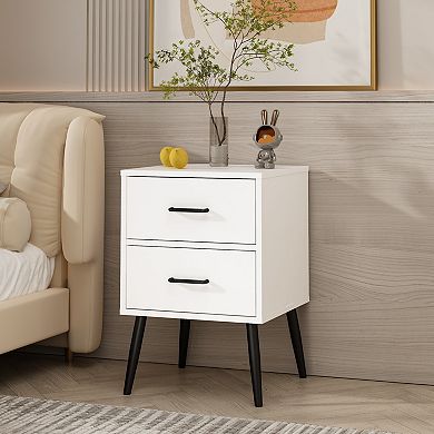 Modern White 2-Drawer Nightstand with Metal Legs and Handles