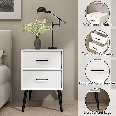 Modern White 2-Drawer Nightstand with Metal Legs and Handles