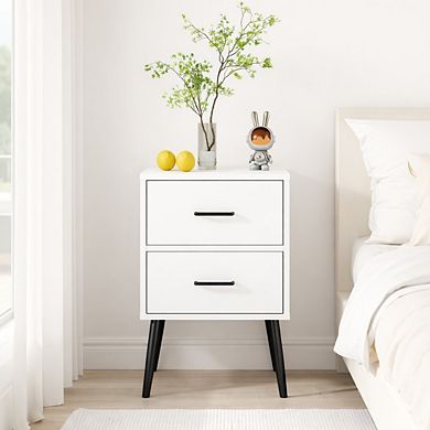 Modern White 2-Drawer Nightstand with Metal Legs and Handles