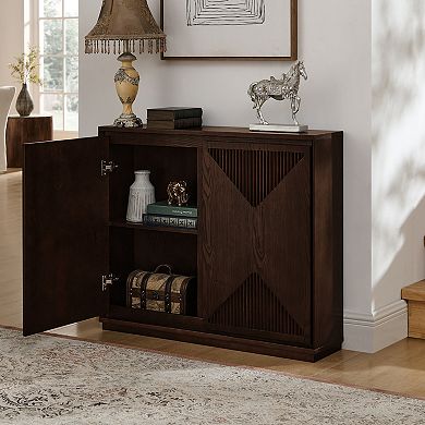 Mid Century Modern V-shape Storage Cabinet, Narrow Buffet Sideboard with Fluted Design, Dark Walnut
