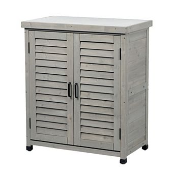 Potting Bench with Storage Cabinet and Metal Table Top for Outdoor Patio