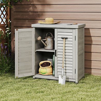 Potting Bench with Storage Cabinet and Metal Table Top for Outdoor Patio