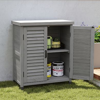 Potting Bench with Storage Cabinet and Metal Table Top for Outdoor Patio
