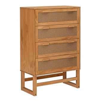 4 Drawer Dresser in Natural Finish with Woven Rattan Details, 29.5 x 15 x 45.3 inches