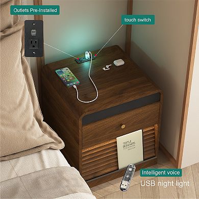 Smart Nightstand with Charging Station and Voice-Controlled LED Night Light, 1 AC Outlet, 2 USB Port