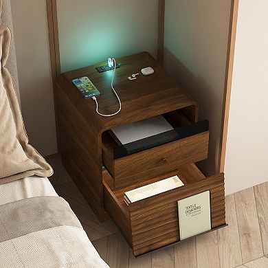 Smart Nightstand with Charging Station and Voice-Controlled LED Night Light, 1 AC Outlet, 2 USB Port