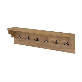 Wall Mount Coat Rack with Shelf 31.5"x5.5"x8" - 6 Hooks 110LBS Capacity, Natural Wood