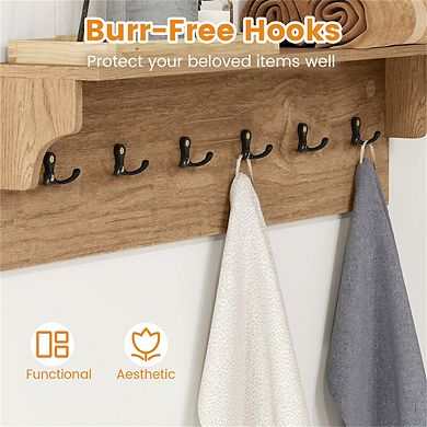 Wall Mount Coat Rack with Shelf 31.5"x5.5"x8" - 6 Hooks 110LBS Capacity, Natural Wood