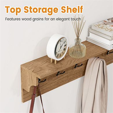 Wall Mount Coat Rack with Shelf 31.5"x5.5"x8" - 6 Hooks 110LBS Capacity, Natural Wood