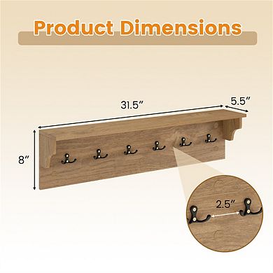 Wall Mount Coat Rack with Shelf 31.5"x5.5"x8" - 6 Hooks 110LBS Capacity, Natural Wood