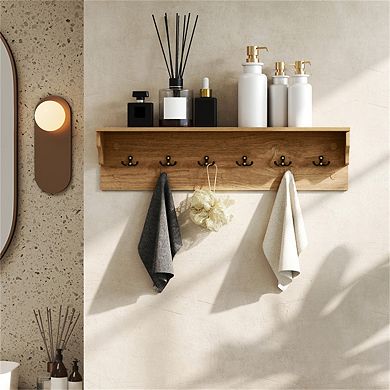 Wall Mount Coat Rack with Shelf 31.5"x5.5"x8" - 6 Hooks 110LBS Capacity, Natural Wood