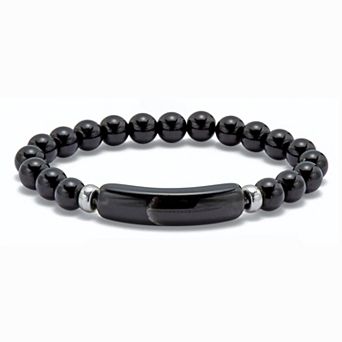 Genuine Black Agate Beaded Silvertone Stretch Bracelet 7-inch