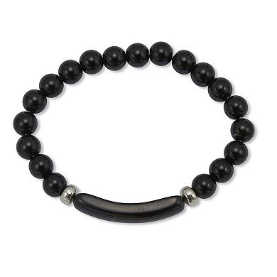 Genuine Black Agate Beaded Silvertone Stretch Bracelet 7-inch