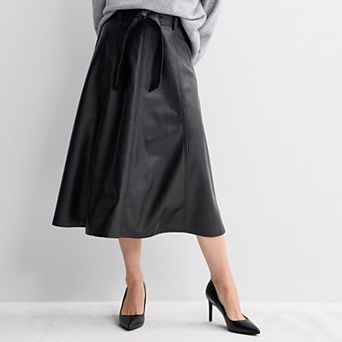 Petite Nine West A-Line Faux Leather Midi Skirt