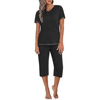 Ekouaer Women's Sleepwear Capri Pajama Sets Short Sleeve 2 pc Pjs V Neck Tops & Capri Pants