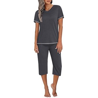 Ekouaer Women's Sleepwear Capri Pajama Sets Short Sleeve 2 pc Pjs V Neck Tops & Capri Pants