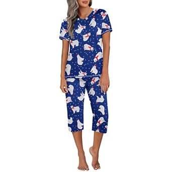 Ekouaer Women's Sleepwear Capri Pajama Sets Short Sleeve 2 pc Pjs V Neck Tops & Capri Pants